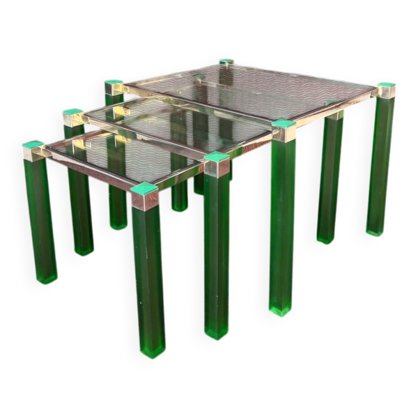 Ensemble de 3 tables gigogne vintage 1970 hollywood regency metal dore