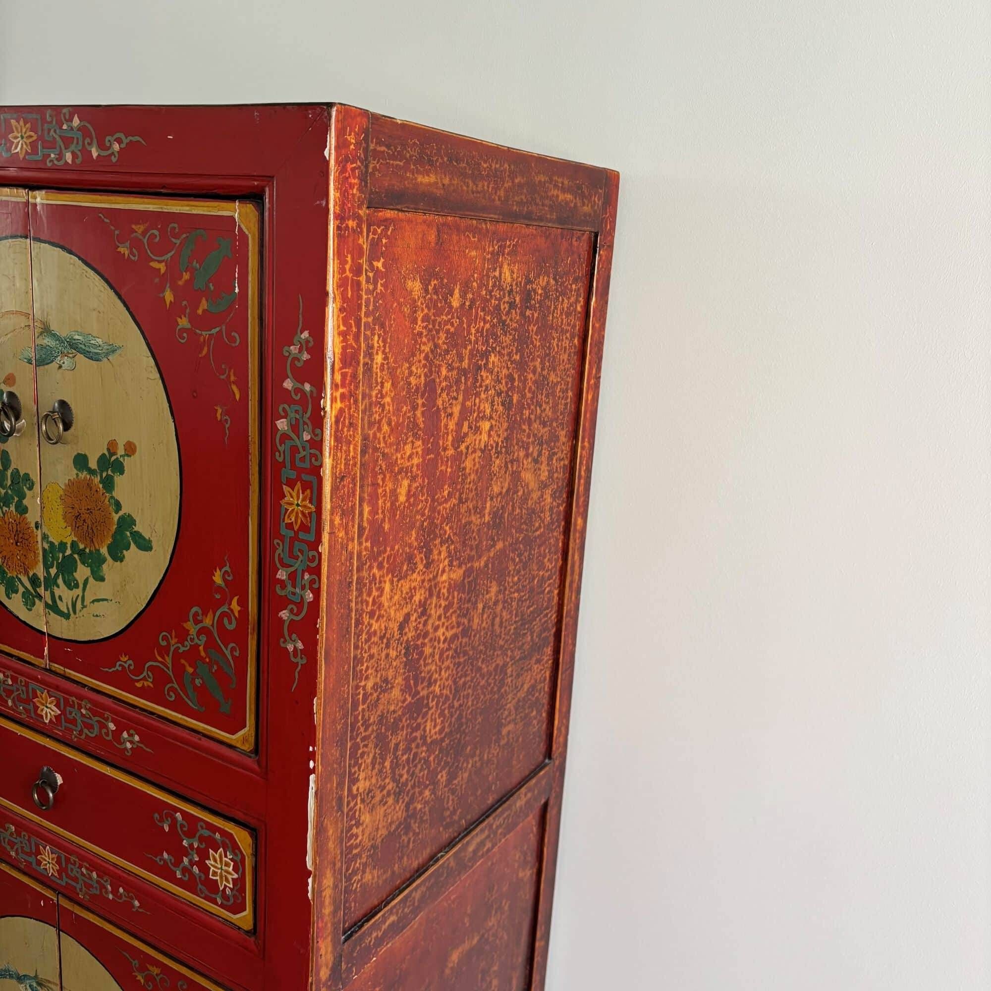 Chinoiserie, Asian wooden cabinet, painted with decor of flowers and birds