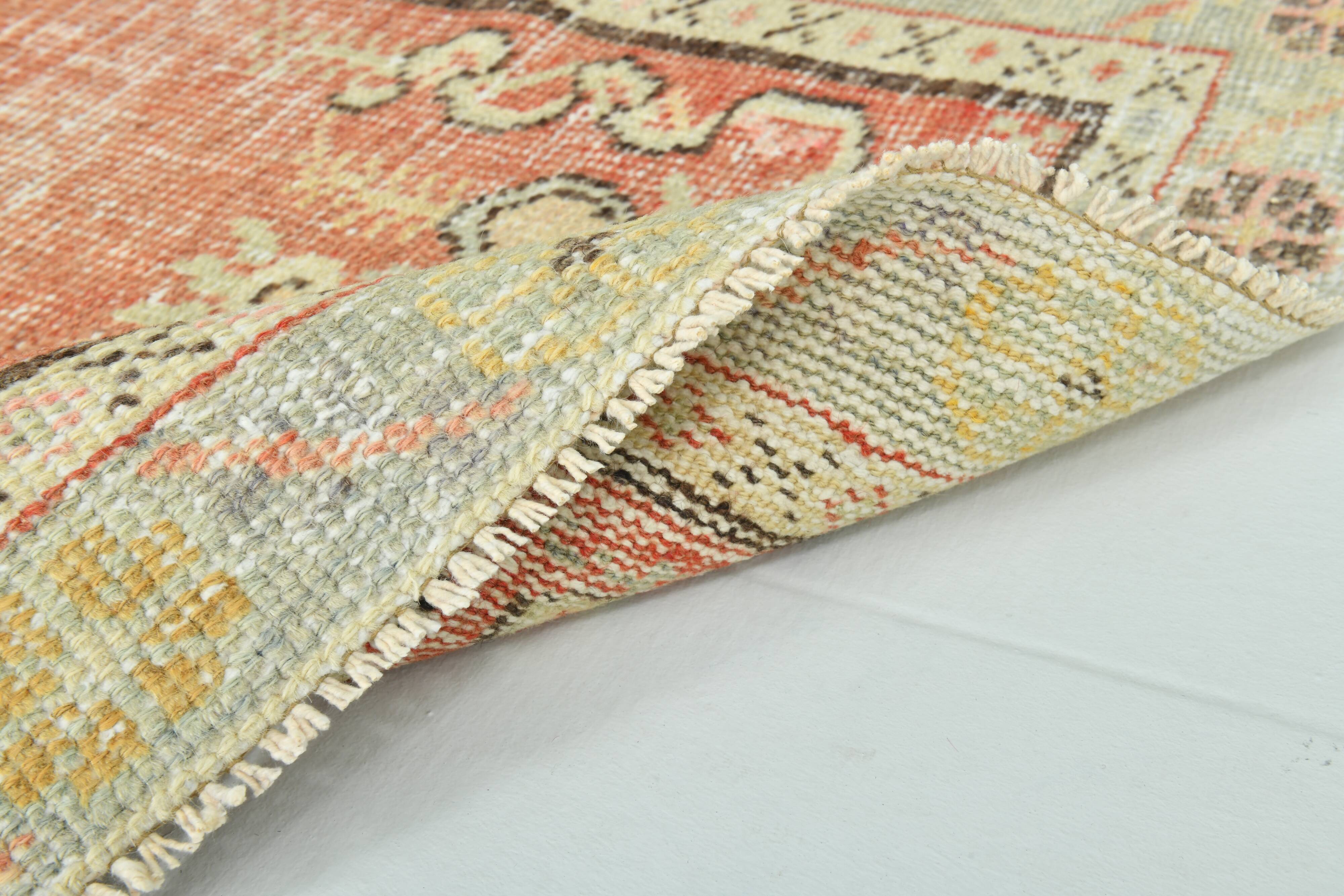 Tapis Couloir Vintage Patiné – Tons Corail, Crème & Vert Sauge, 85x352 Cm