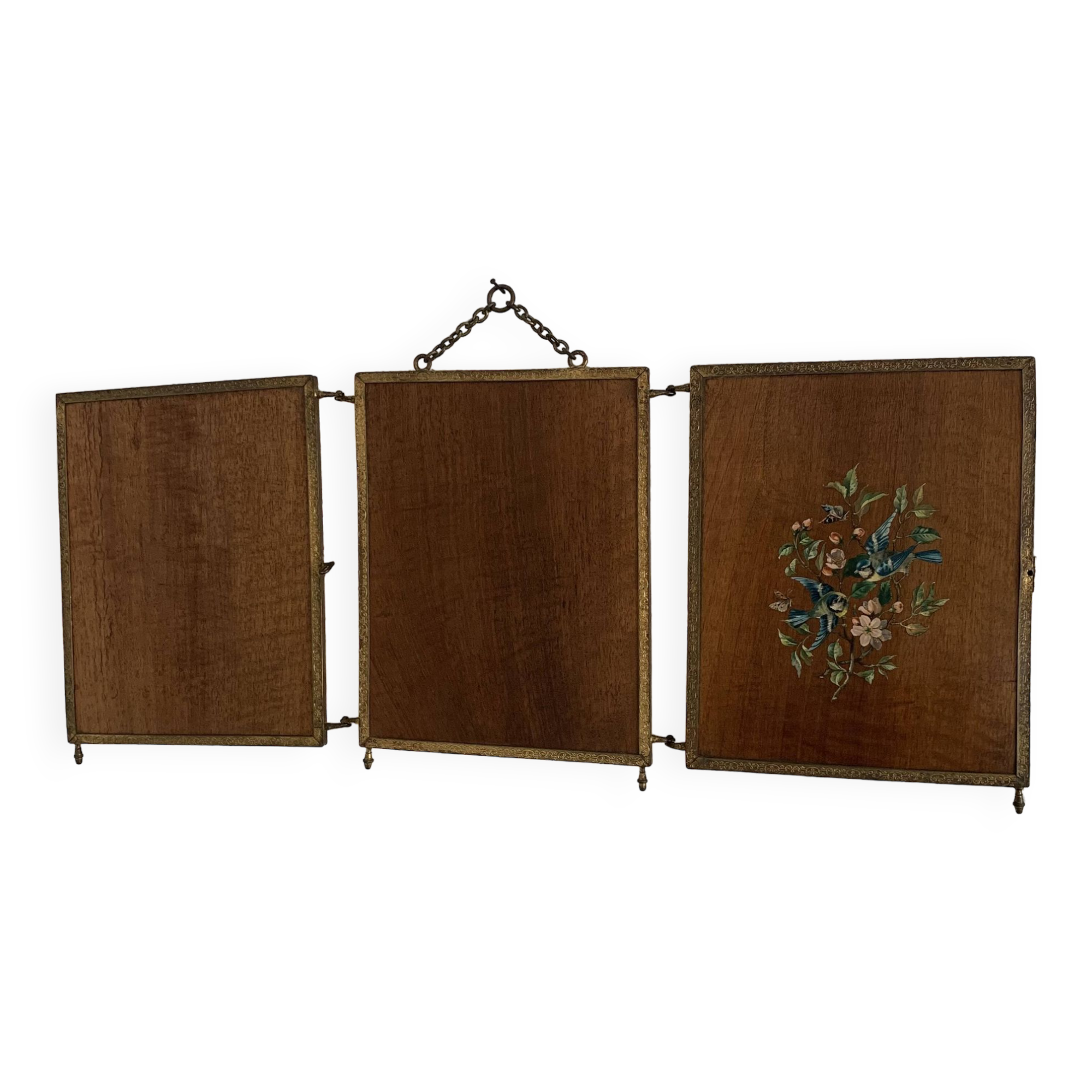 Vintage mirror 1900 barber triptych brass and wood - 29 x 70 cm