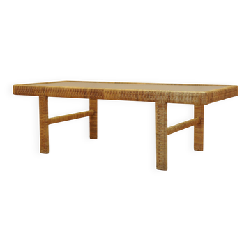 Glass and wicker side table, Danish design, 1970s, made in Denmark