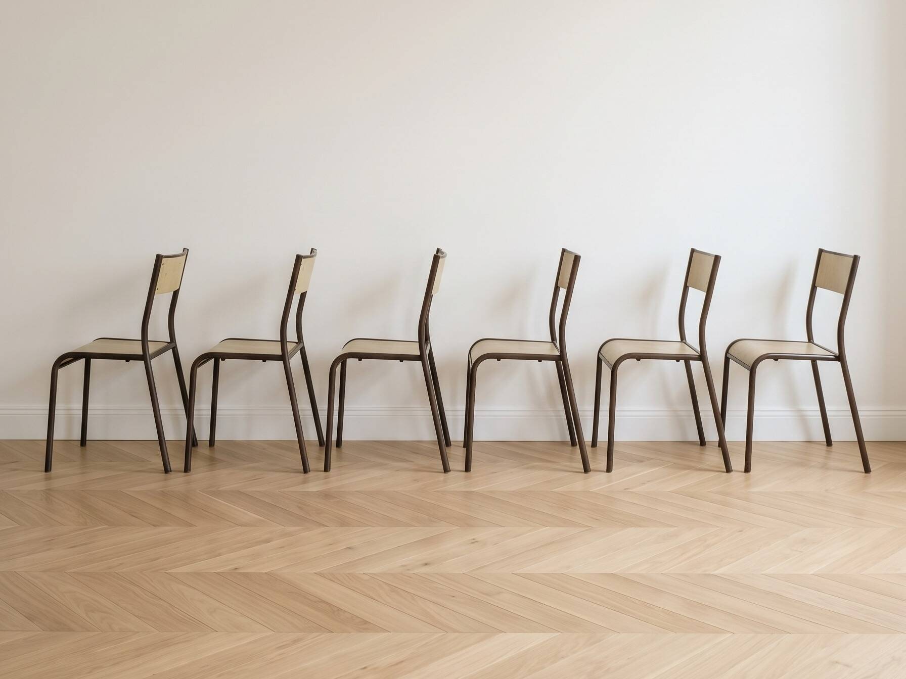 Set of 8 vintage industrial style chairs in metal and wood.