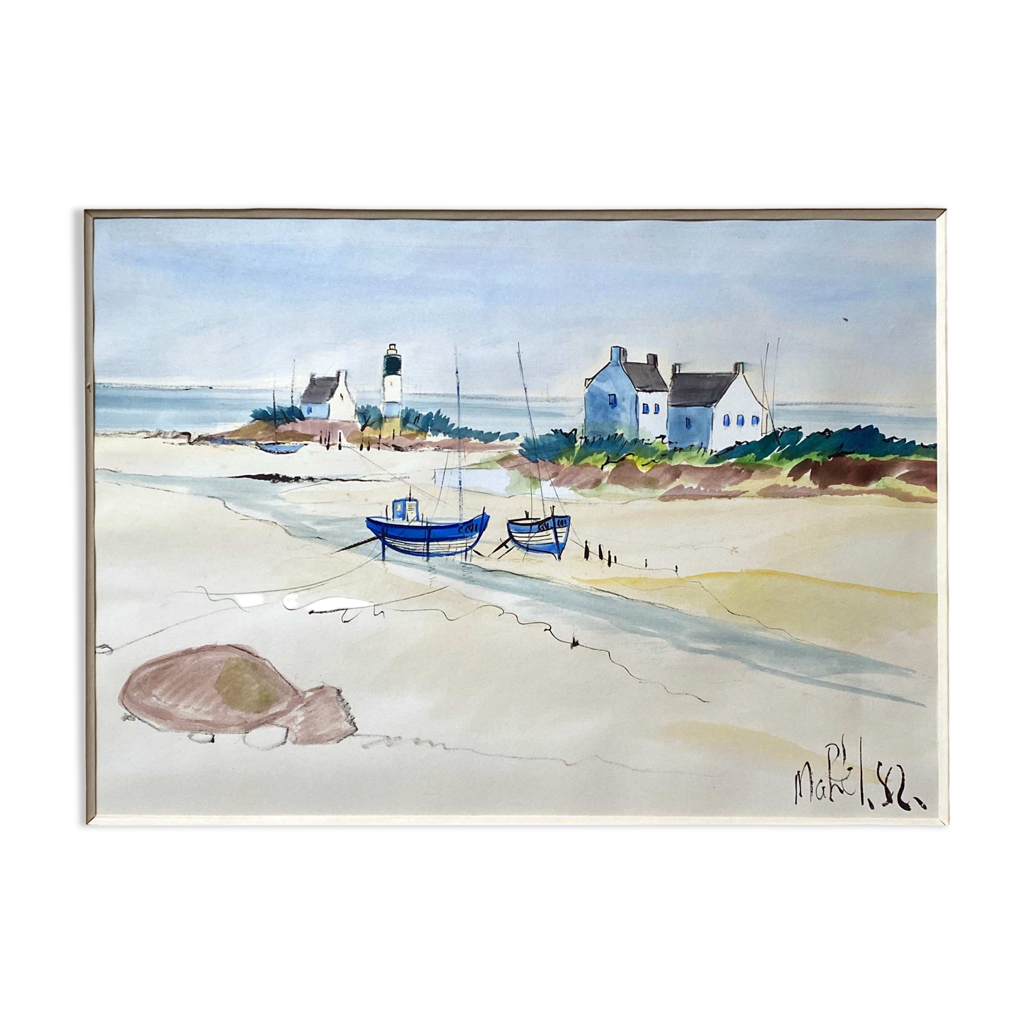 Watercolor painting "Breton Marine" seaside beach signed Mahel 82