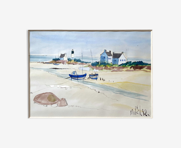 Tableau aquarelle "Marine bretonne" bord de mer plage signée Mahel 82