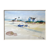 Watercolor painting "Breton Marine" seaside beach signed Mahel 82