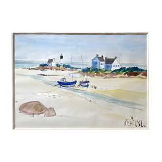 Watercolor painting "Breton Marine" seaside beach signed Mahel 82
