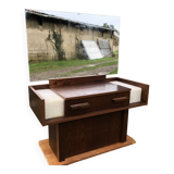 Vintage elm veneer dressing table with 1 drawer and 2 resin lamps.