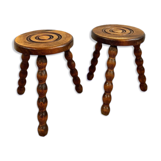 Paire de tabourets tripodes rustiques