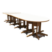 Rare set de 6 tables Baumann 1990, 80x120 et demi lune 120cm