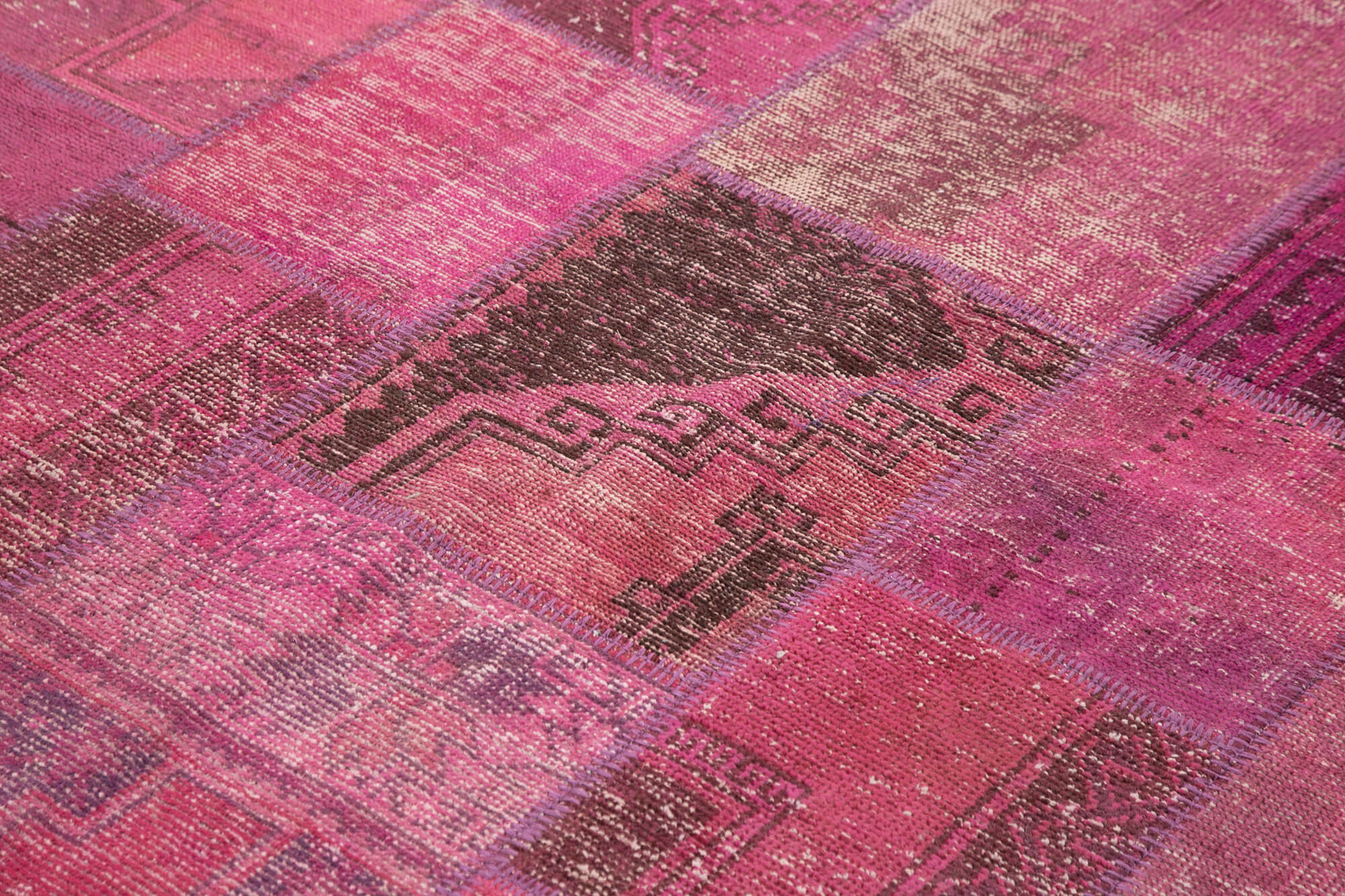Handwoven oriental overdyed 196 cm x 299 cm pink patchwork carpet