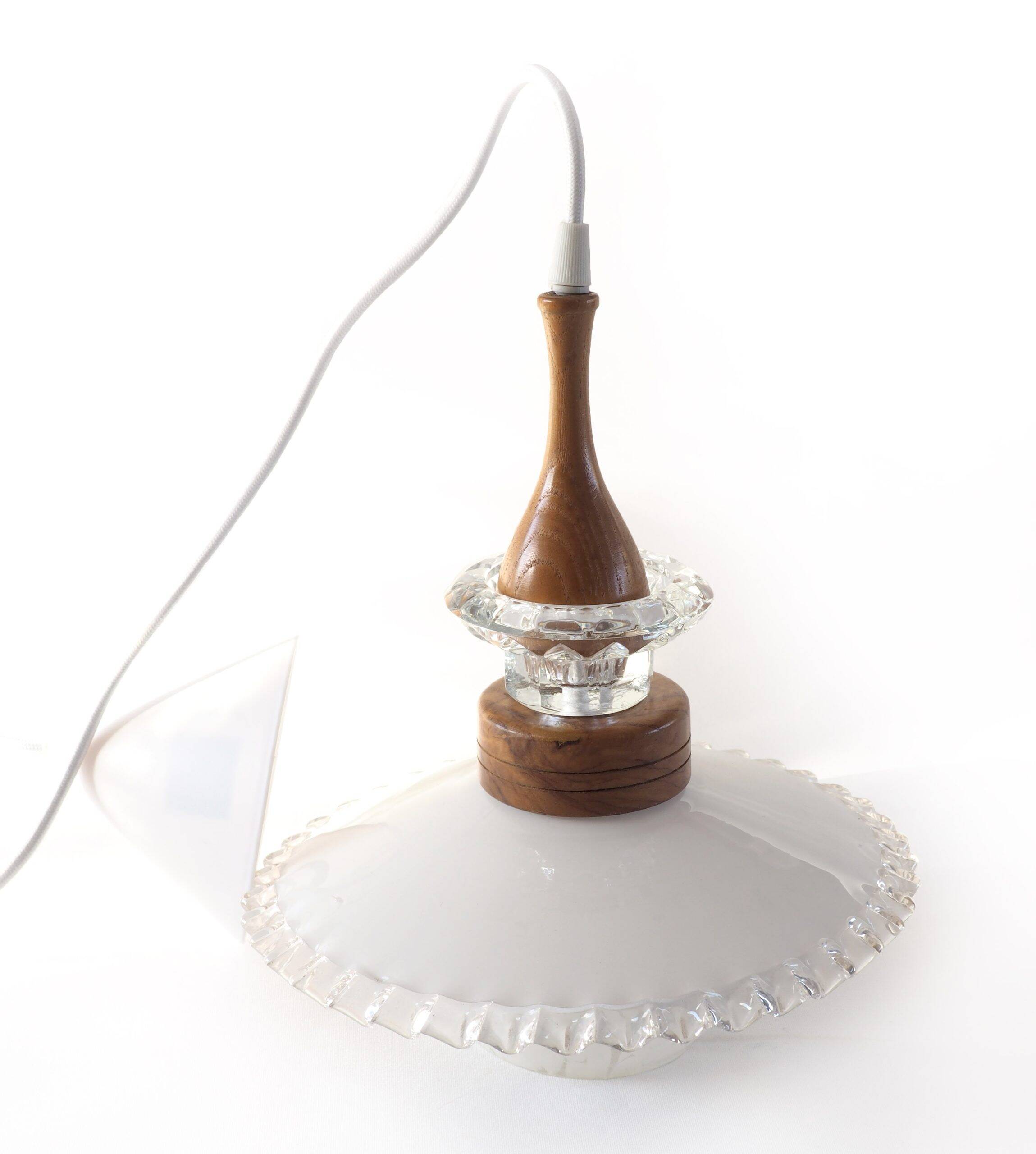 Opaline pendant light, Clichy globe and wood