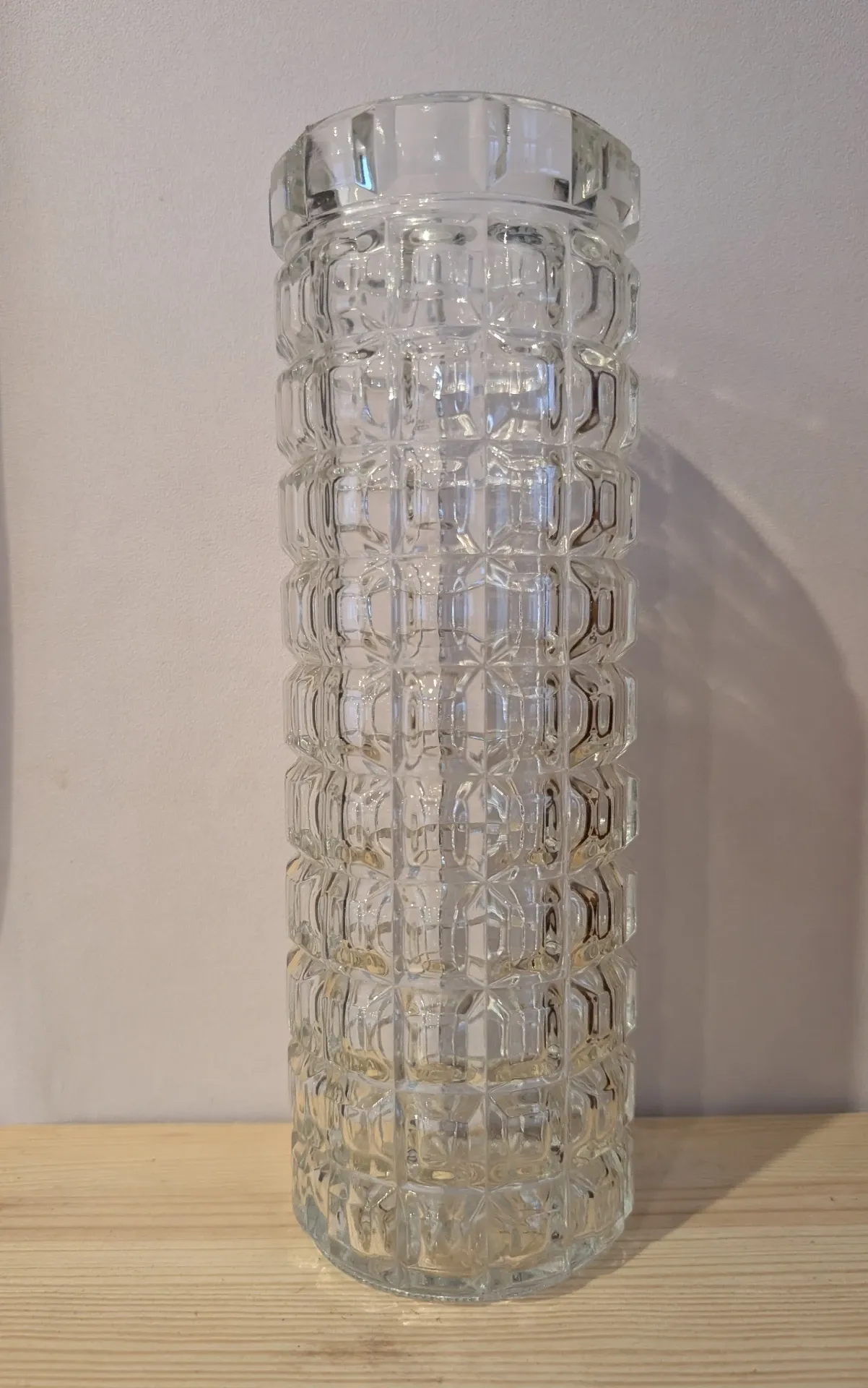 Vintage textured moulded crystal cylindrical vase - 1970s - 24 cm
