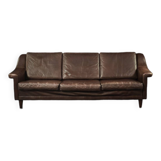 Vintage Mid-Century Scandinavian Danish Modern Brown Leather 3-Seater Sofa, 1970s