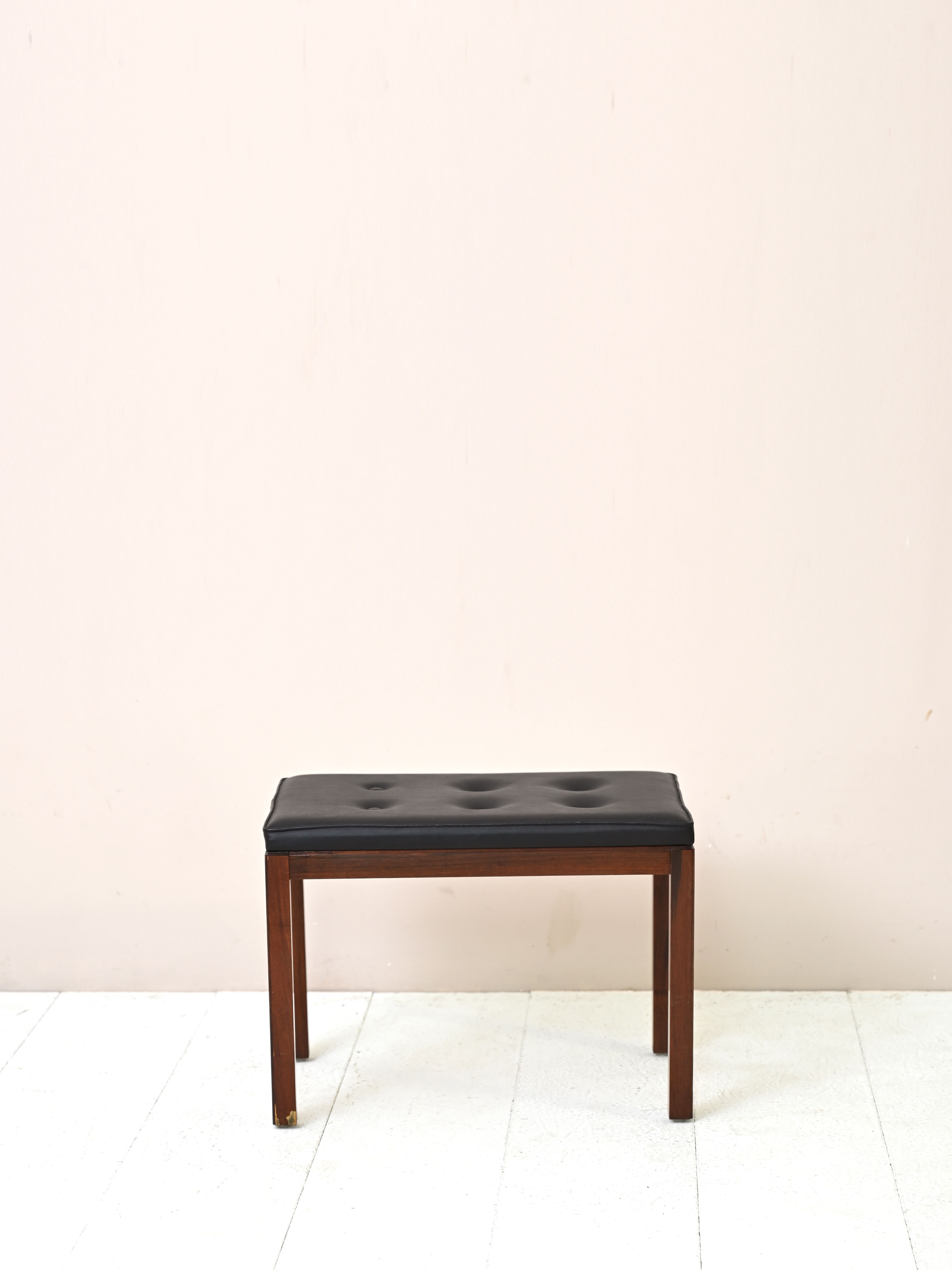 Vintage rosewood pouf with faux leather seat