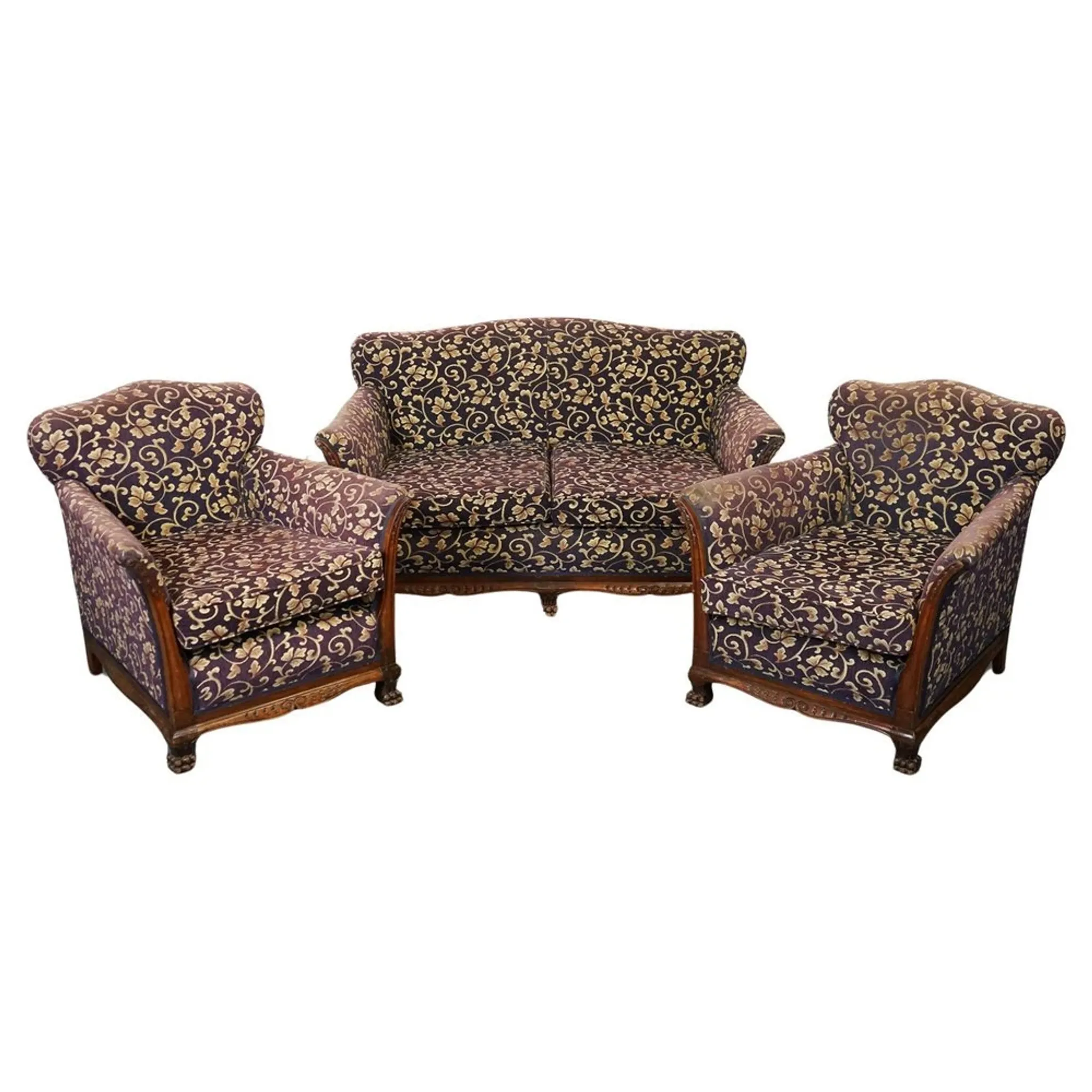 Victorian Fabric Sofa and Armchairs, Set of 3