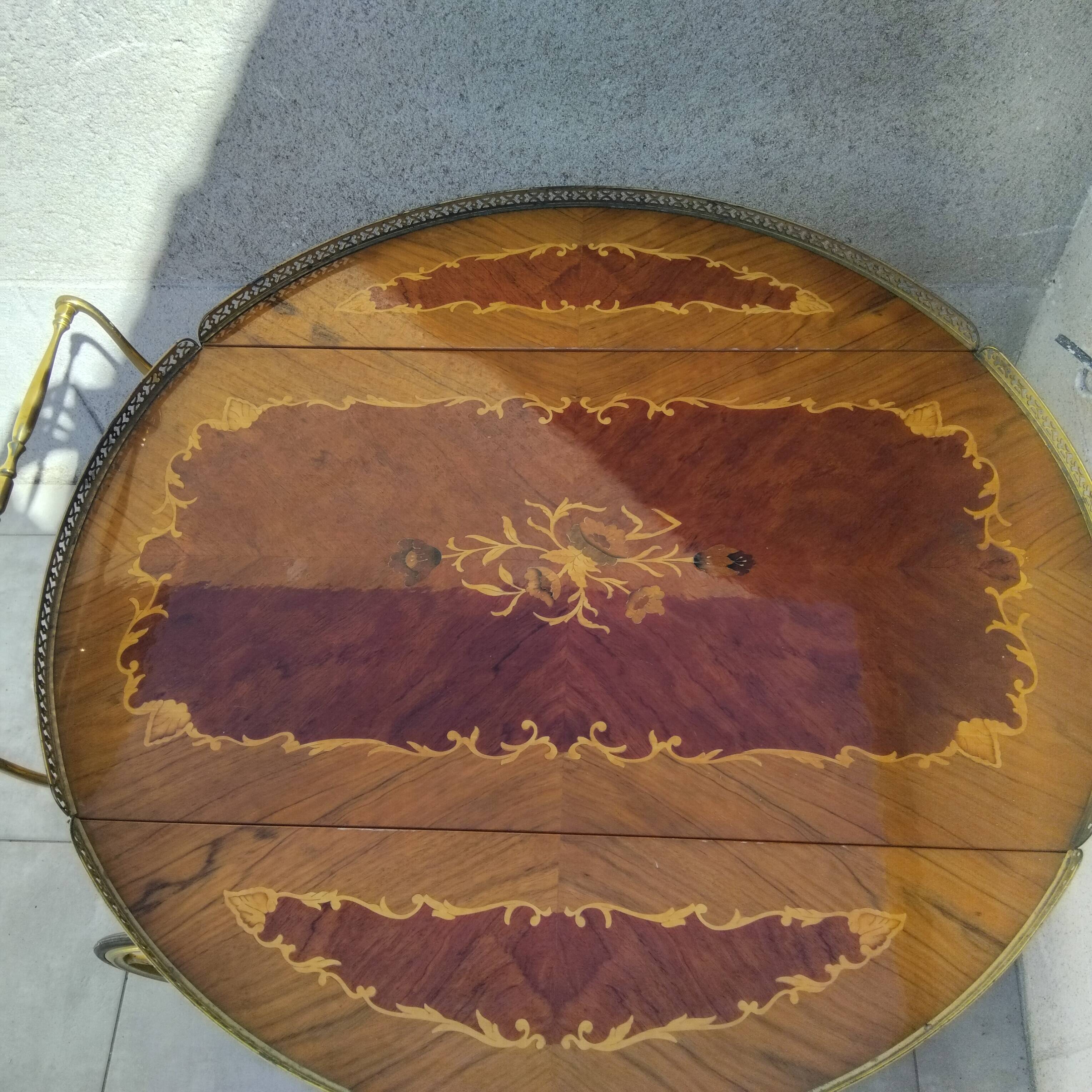 1950s marquetry and brass serving trolley