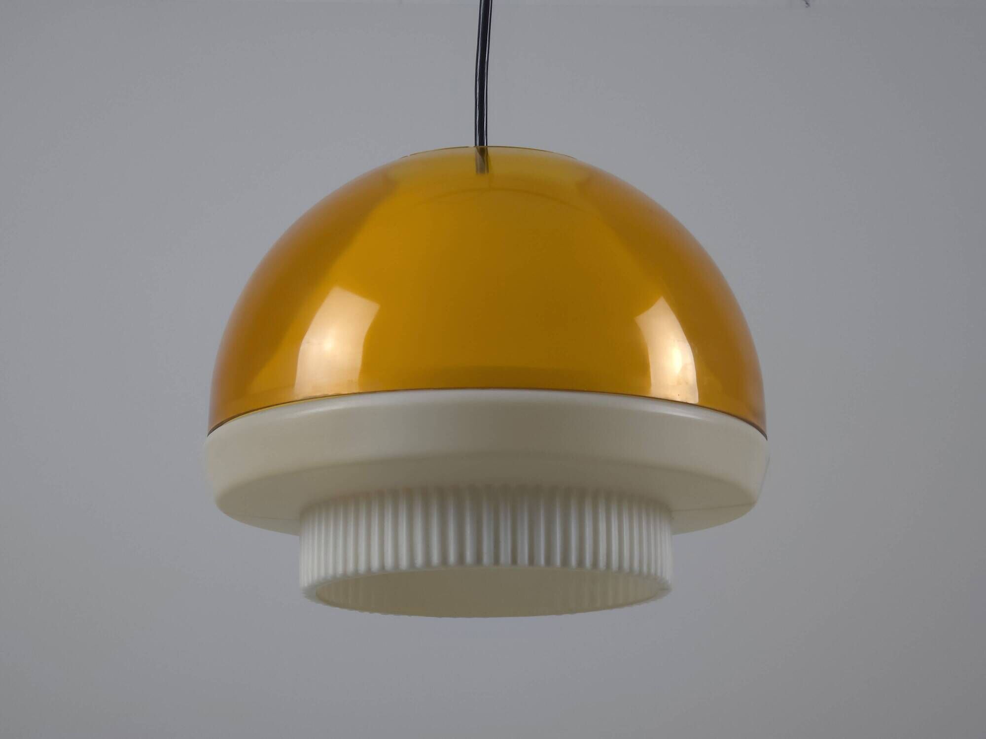 Vintage 1970s Philips Amber Acrylic & White Dome Mushroom UFO Pendant Lamp