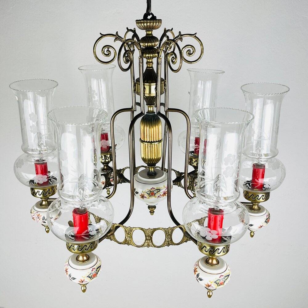 Vintage porcelain and brass chandelier, Italy, 1930s