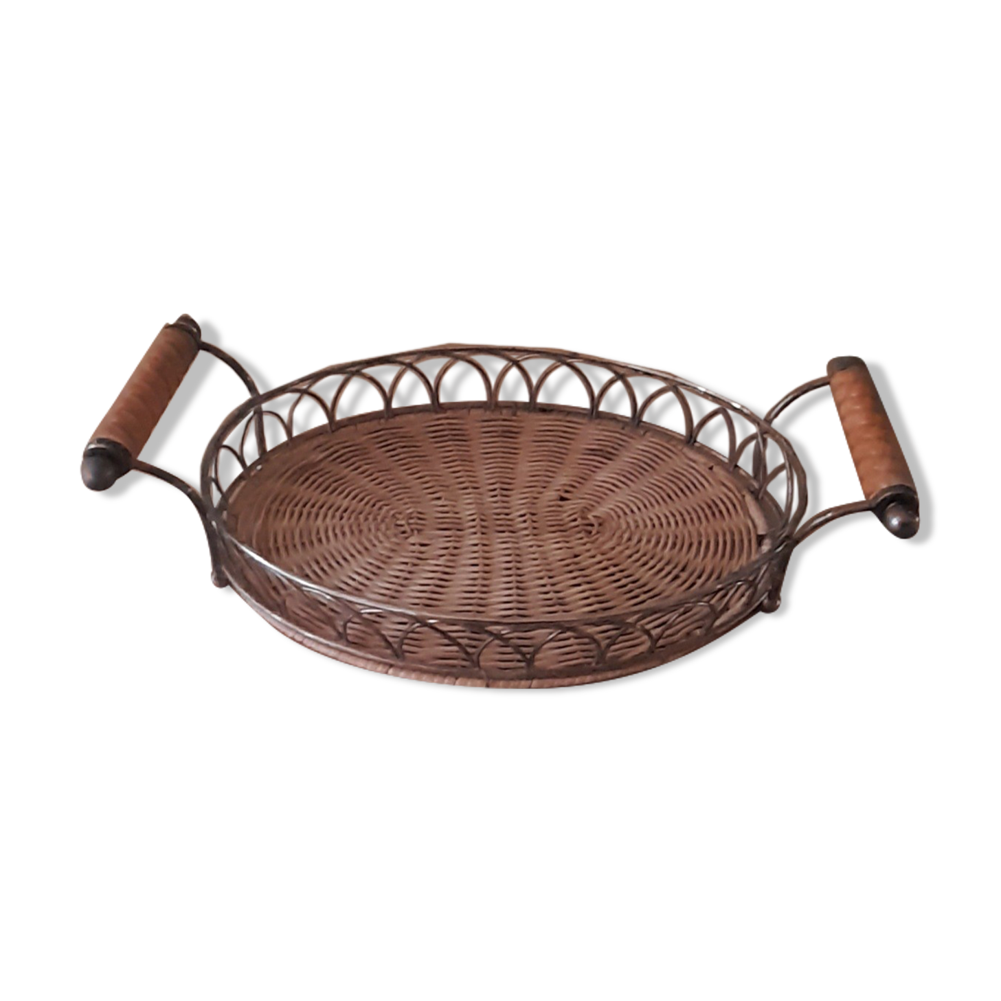Rattan and silver metal tray with handles - vintage