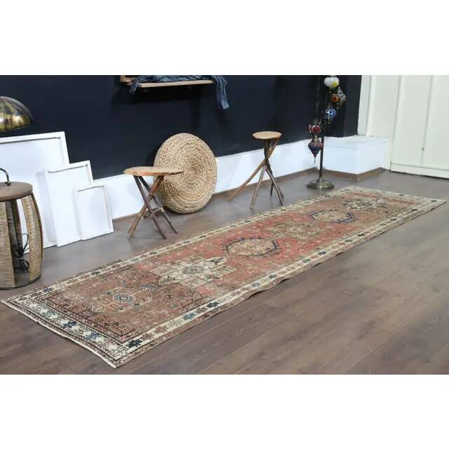 1970s Vintage Persian Handmade Wool Cotton Red Runner Rug 88x329