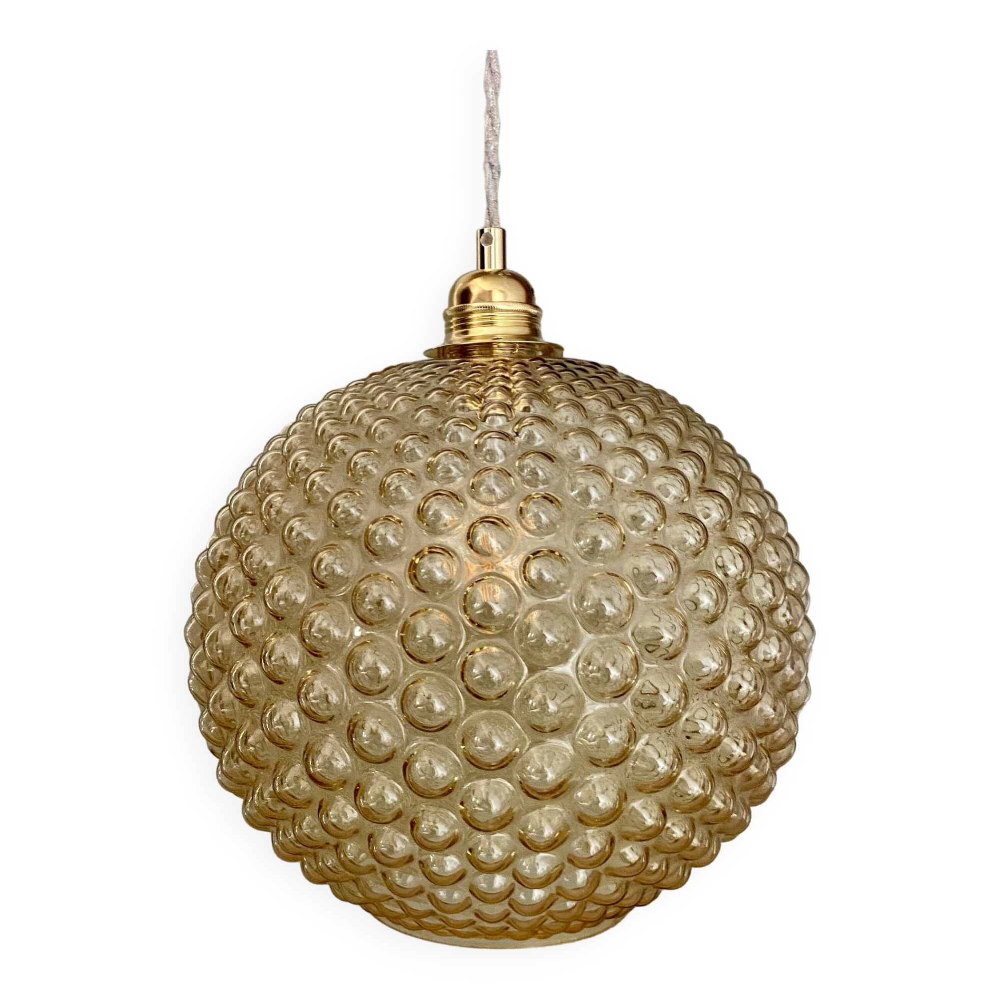Suspension globe vintage en verre ambré bullé XXL