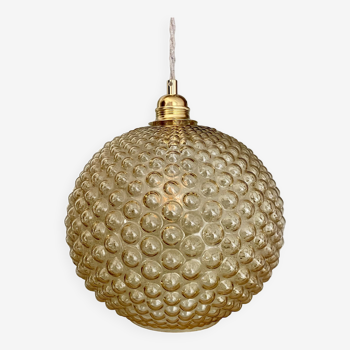 Vintage globe pendant light in XXL bubbled amber glass