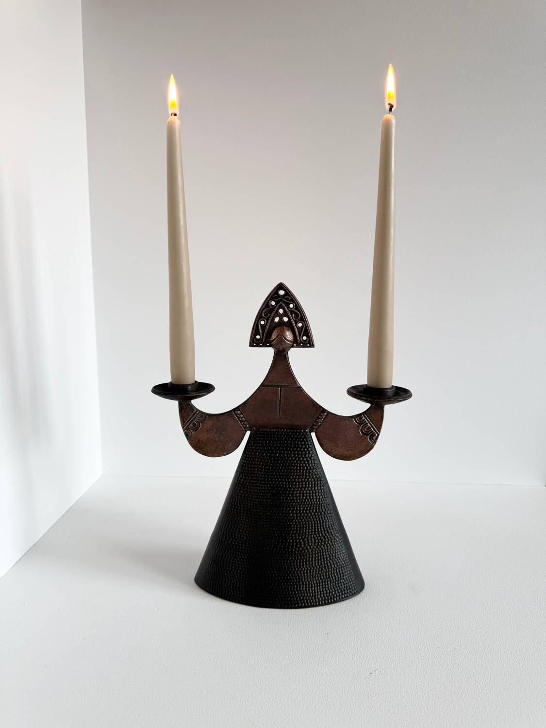 Vintage Modernist Bjorn Wiinblad Style Copper Figural Lady Dress Candl