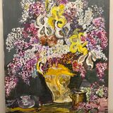 Ancient painting, still life with lilas and iris signed Bonnefond 70s