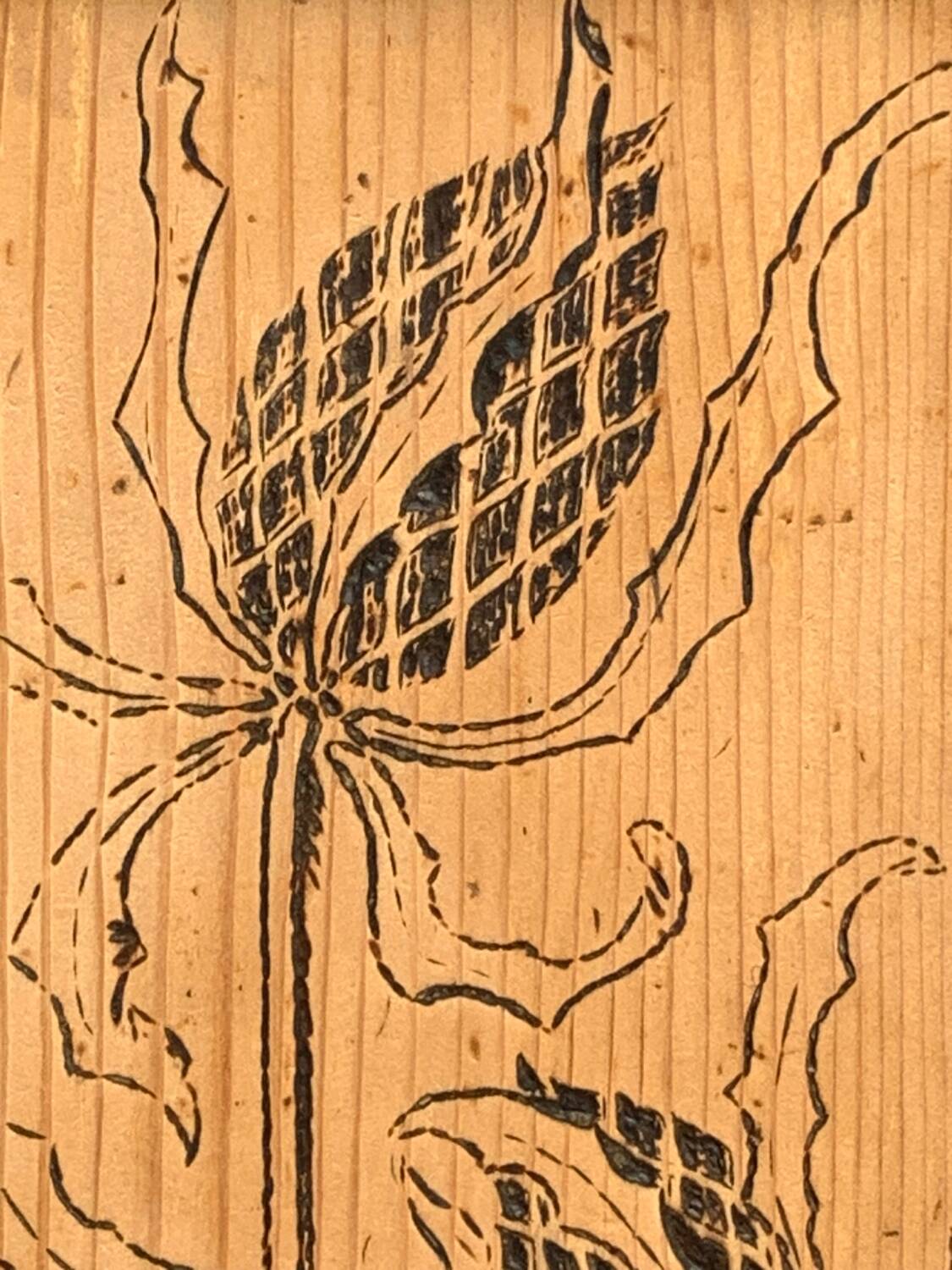 Parisian art deco sideboard in solid raw wood with pyrographed decorations, 1929