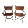 Pair of designer curules armchairs in leather and chromed metal
