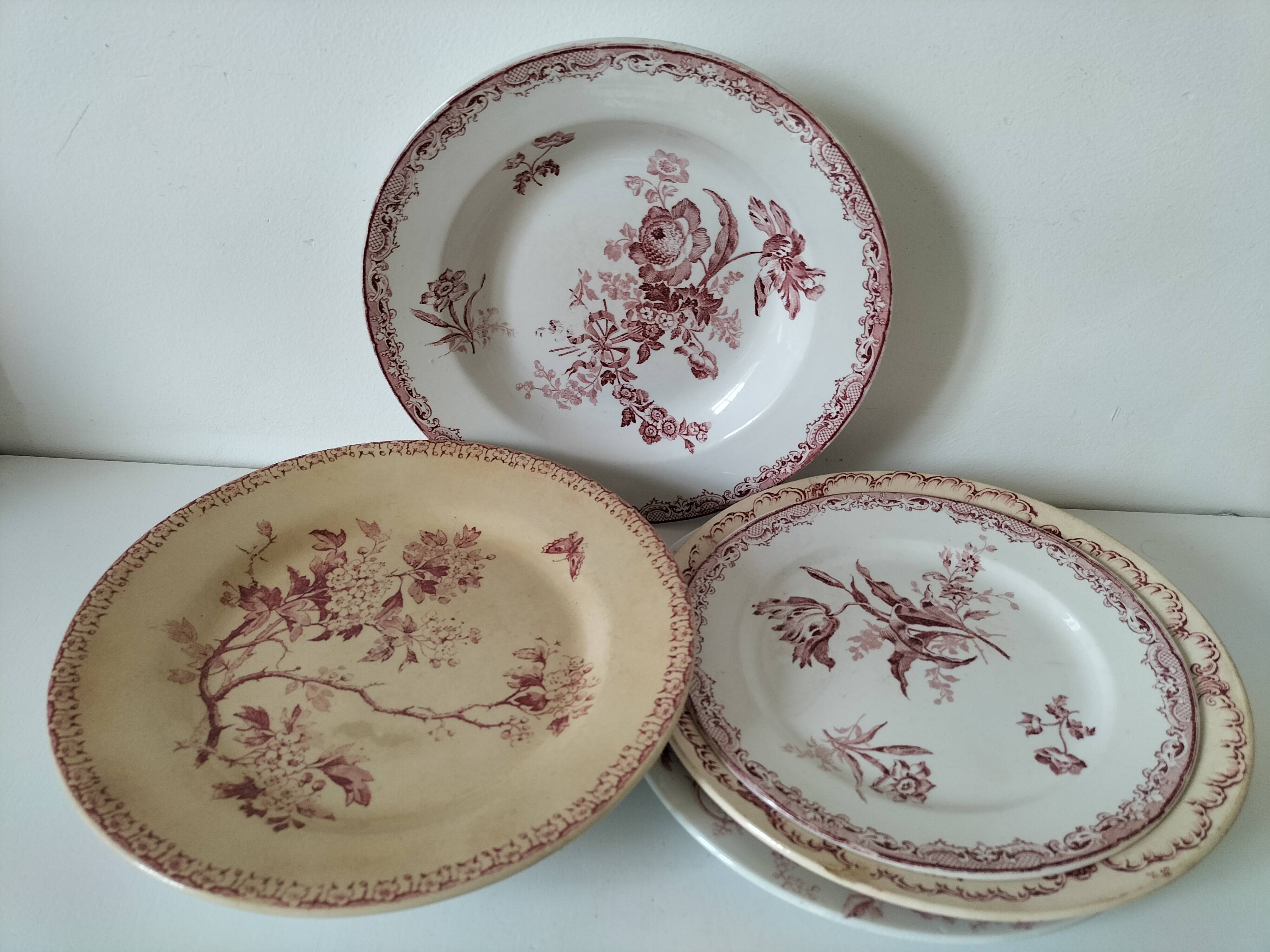6 assiettes anciennes terre de fer rose dépareillées