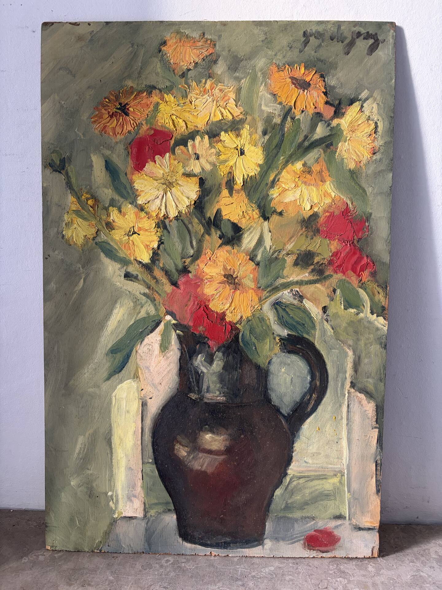 Yellow bouquet, oil on panel signed Guy de Jong.