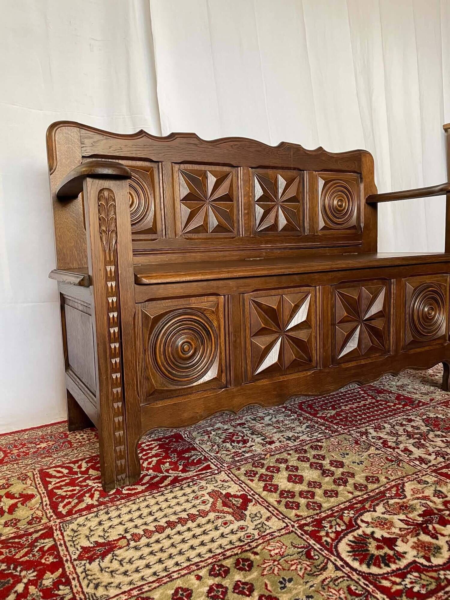Antique oak carved bank chest – Breton style