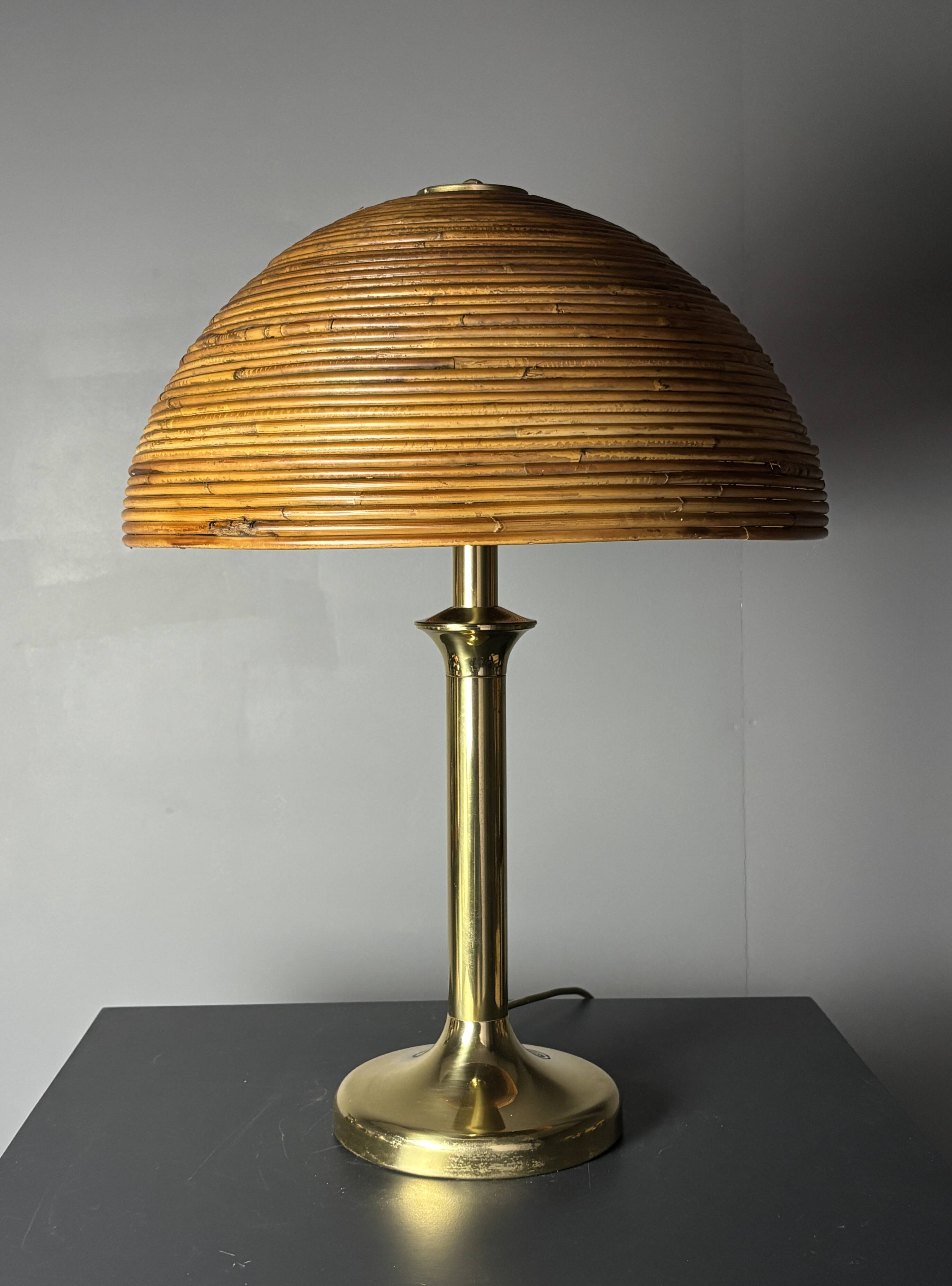 Italian midcentury pencil reed rattan brass Fungo mushroom table lamp 1970s