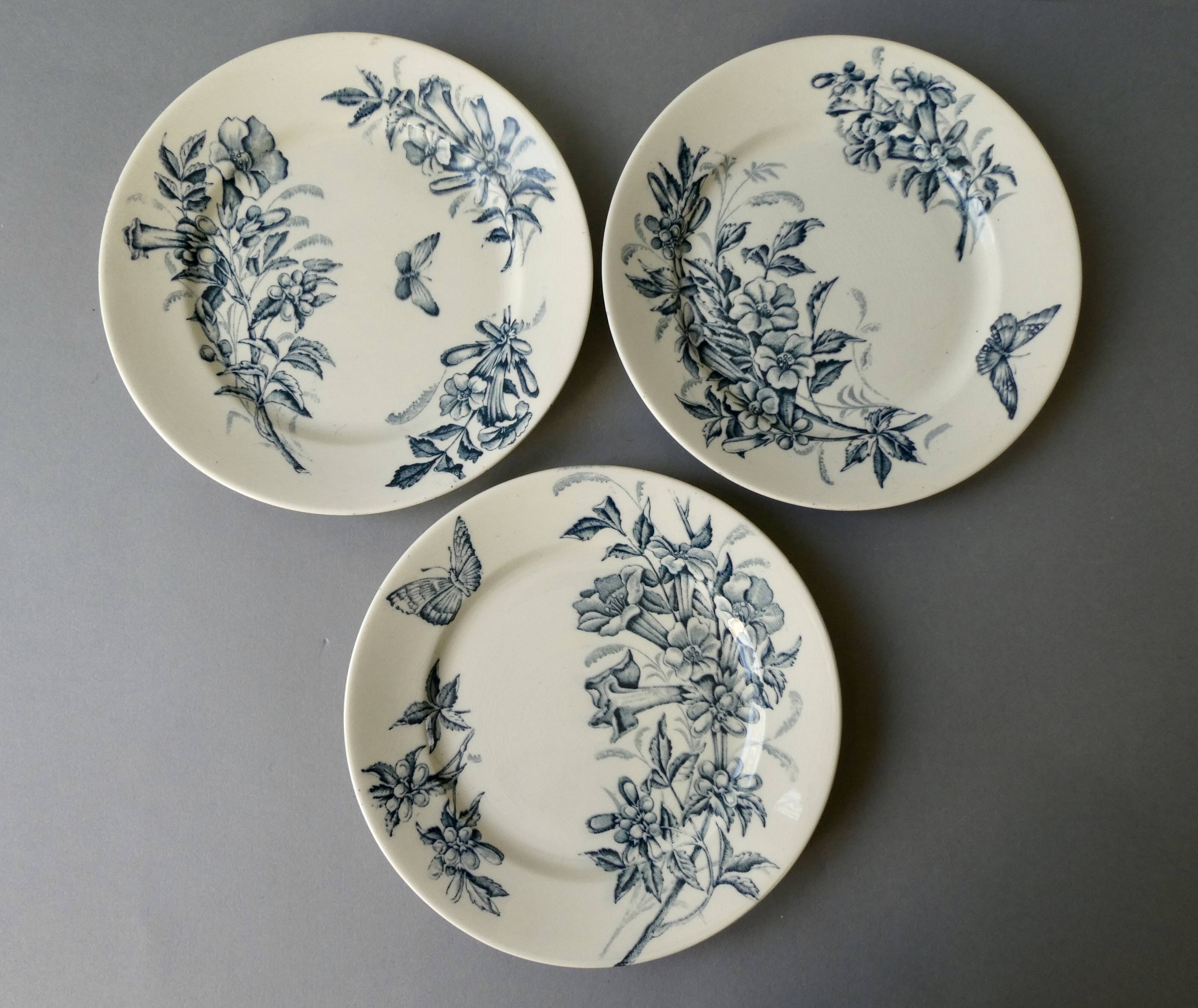 3 ironstone plates Badonviller France, flowers, butterflies