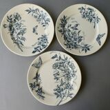 3 ironstone plates Badonviller France, flowers, butterflies