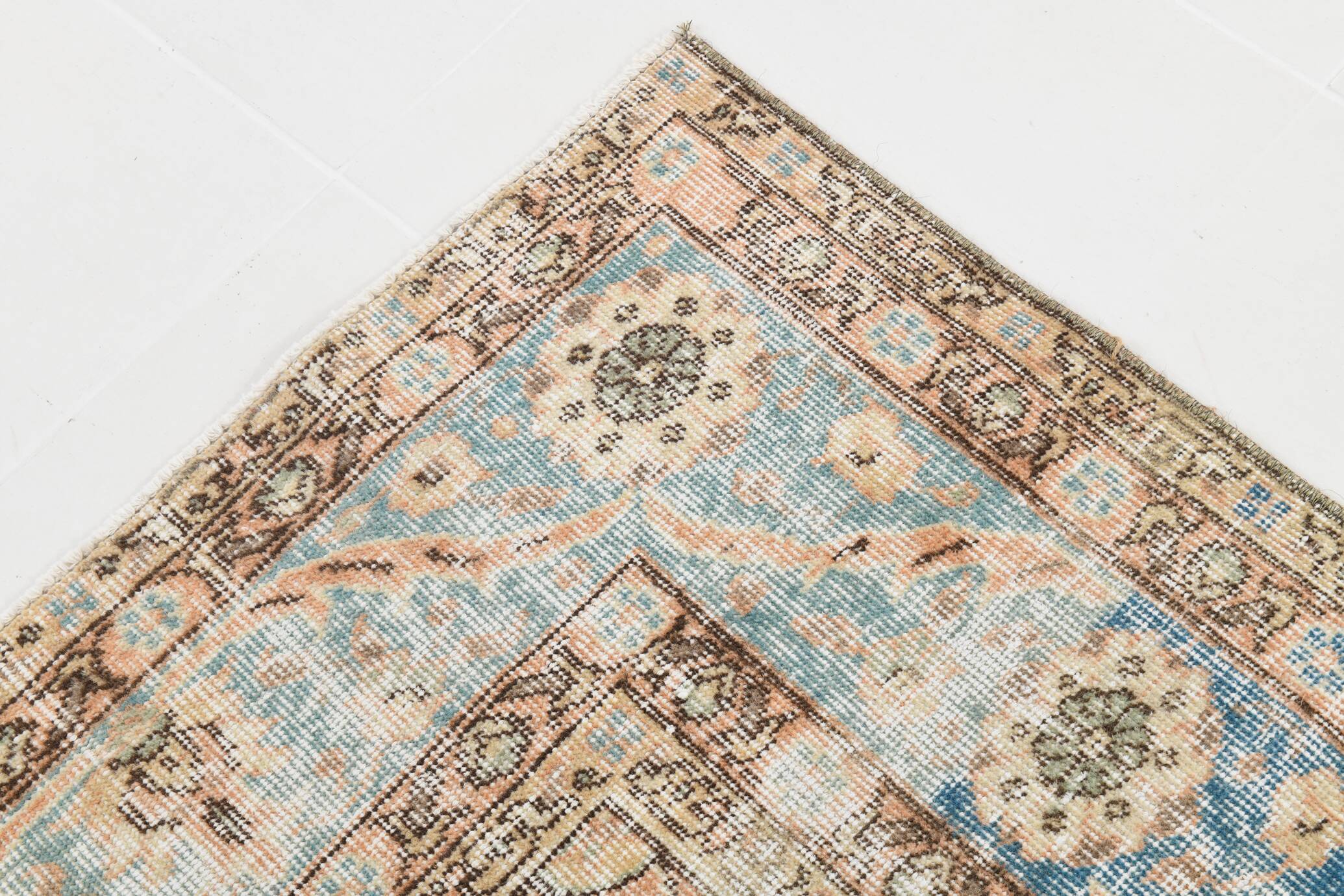Soft Peach & Blue Oushak Vintage Rug, Made in Anatolian, 220x304 Cm