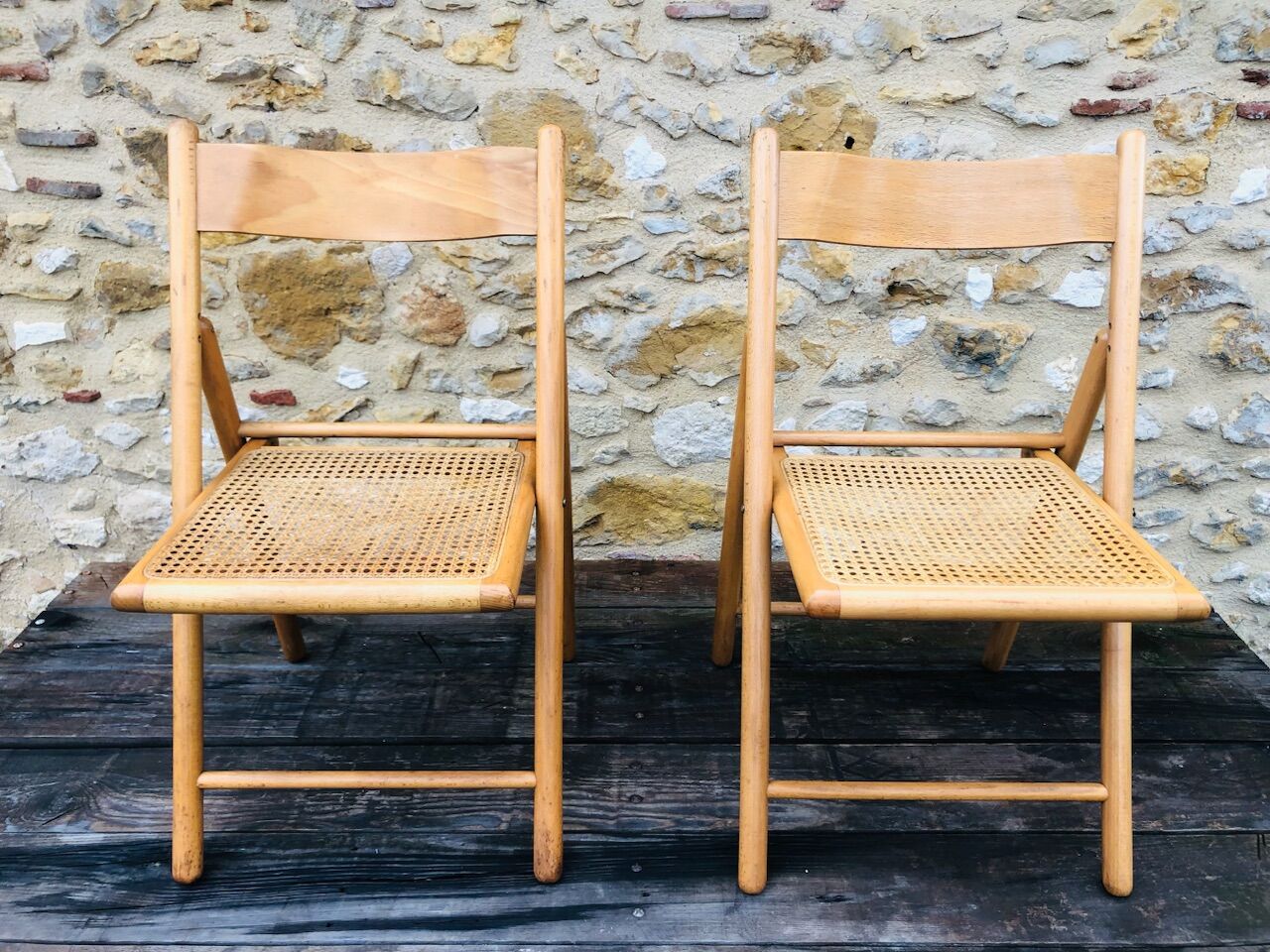 Set of 2 vintage folding chairs, rattan cane for Habitat, circa 70/80