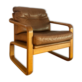 Fauteuil HS Danemark en cuir et teck des années 60