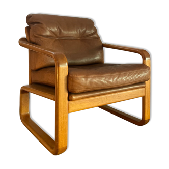 Fauteuil HS Danemark en cuir et teck des années 60