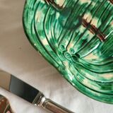 Dish and Asparagus Drainer in Green Barbotine Earthenware