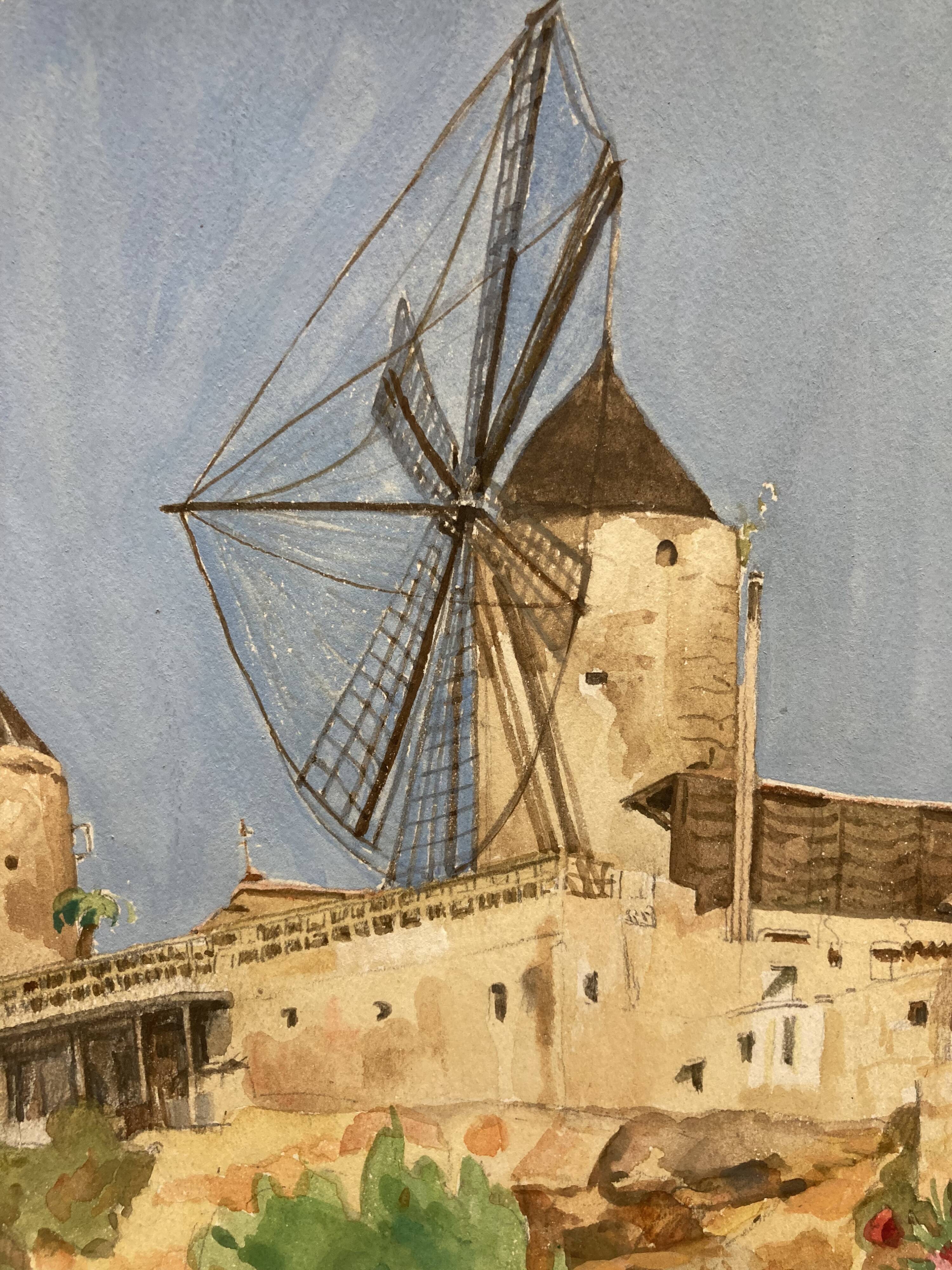 Watercolor landscape with vintage mills