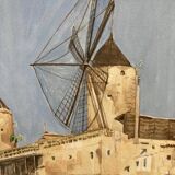 Watercolor landscape with vintage mills