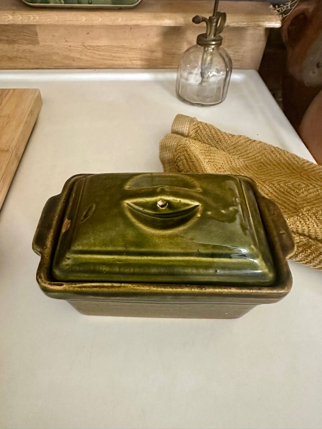 Vintage green majolica butter dish