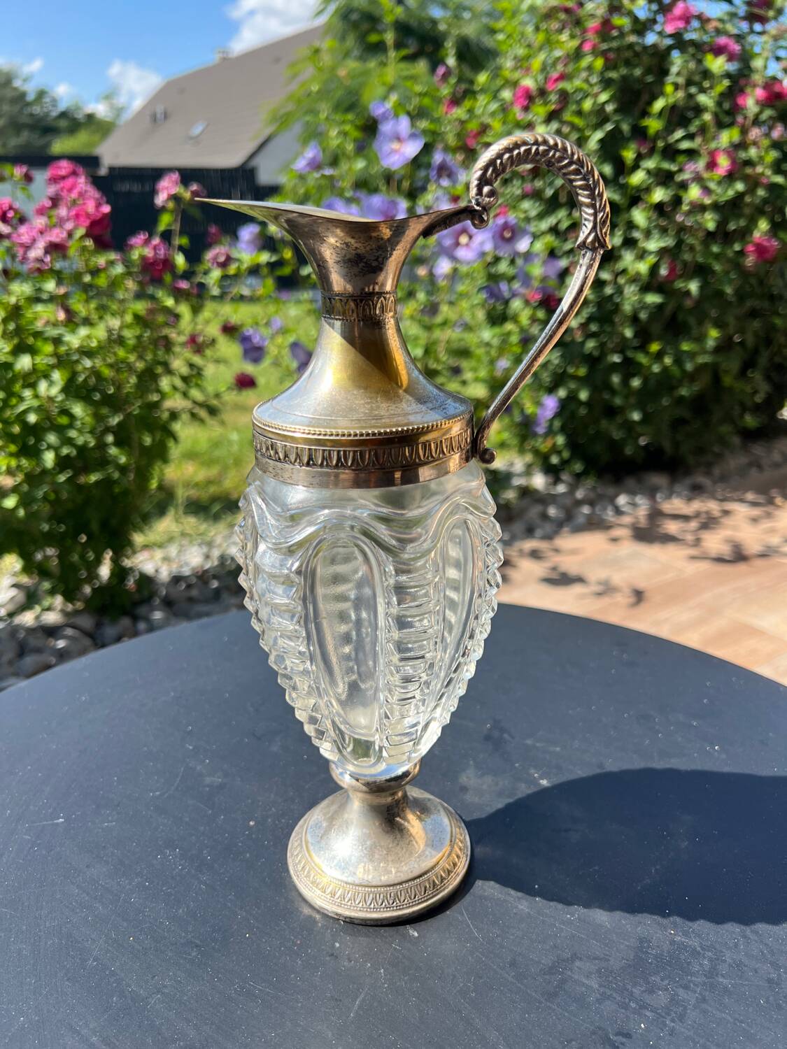 Ewer in molded Murano Venetian glass and metal