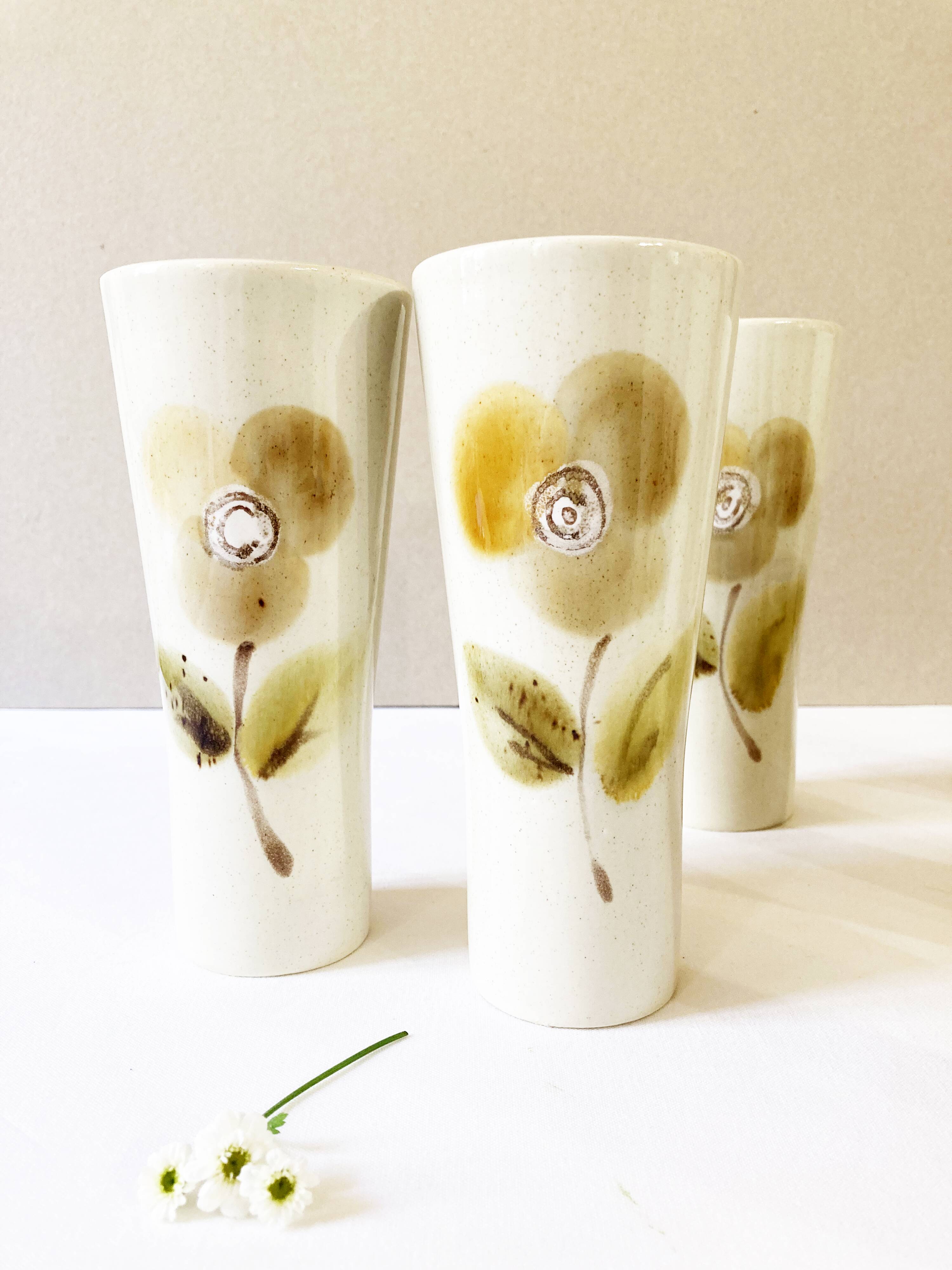 Large ceramic glasses, hand-painted flower pattern, beige/cream tones