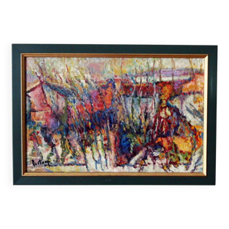 Jacques destoop painting cardboard canvas 1990 "autumn in pouilly en vexin"