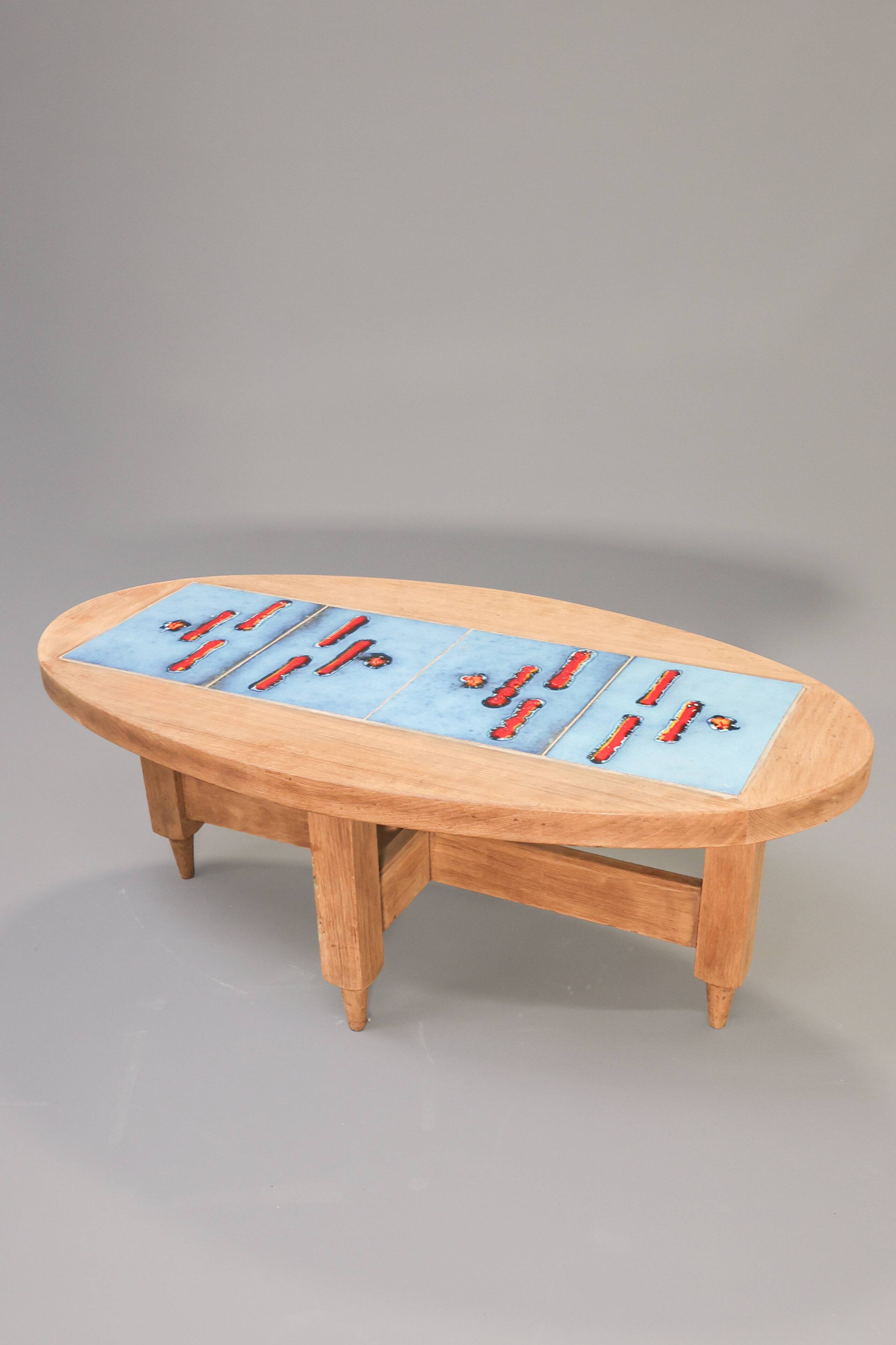 Oak and tile coffee table by Guillerme et Chambron for Votre Maison, 1970s.