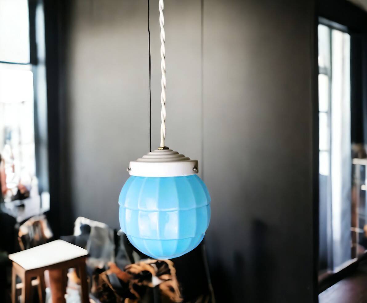 Small Art Deco blue Ceiling Lamp, 1940s