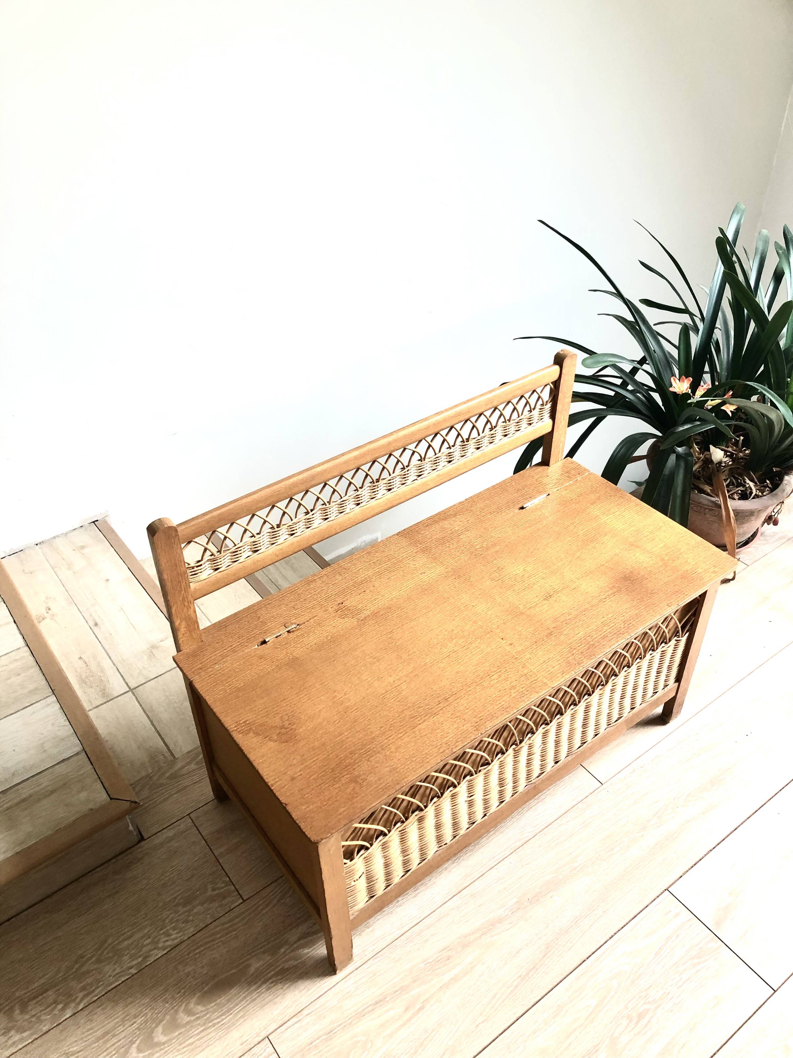 Wooden and rattan chest/bench